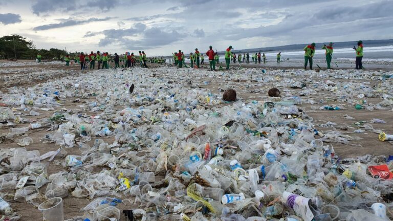 Petugas Dinas Kebersihan dan Lingkungan Hidup Kabupaten Badung, membersihkan sampah kiriman di Pantai Samigita.