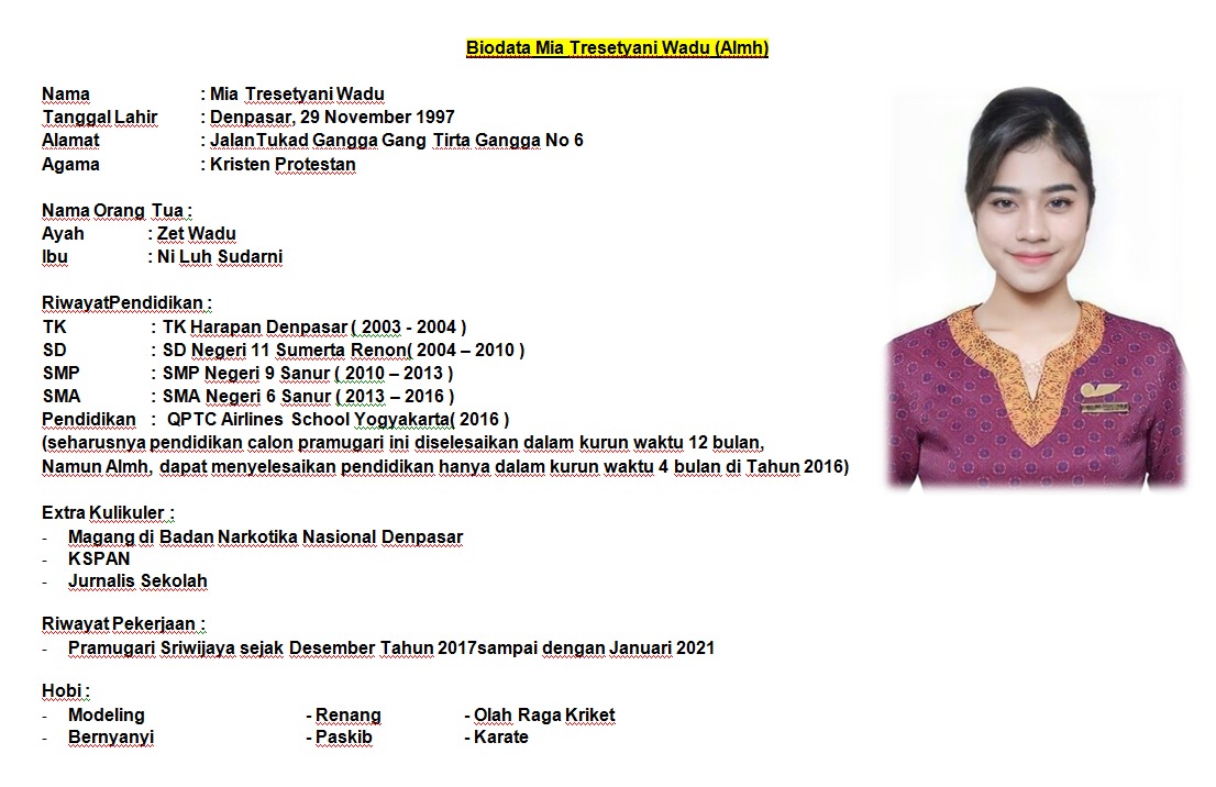 In Memoriam, Sosok Pramugari Sriwijaya Air, Mia Tresetyani Wadu