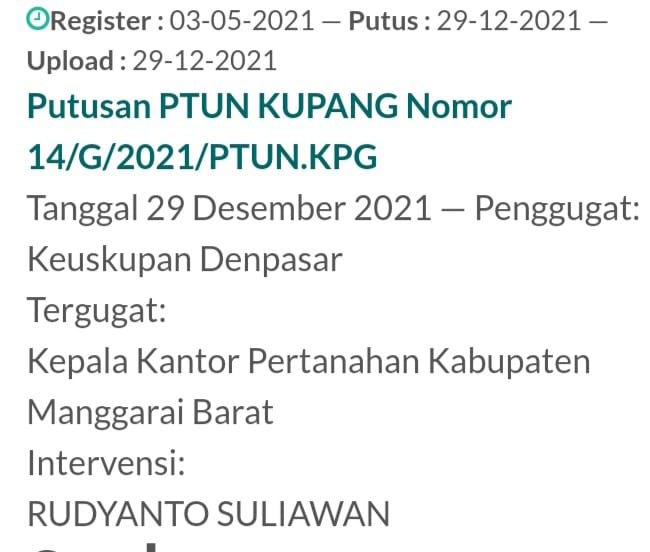 Eksepsi Tergugat dan Tergugat Intervensi Ditolak, Majelis Hakim PTUN Kupang Kabulkan Gugatan Keuskupan Denpasar