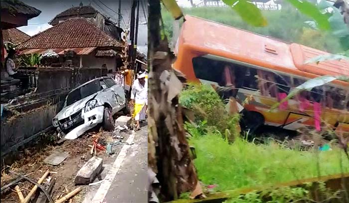 Bus Pariwisata menabrak belasan kendaraan di Batuiriti, Tabanan Bali.