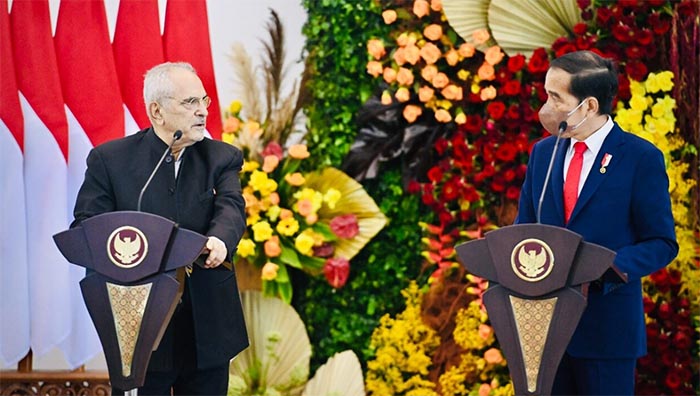 Presiden Joko Widodo dan Presiden Republik Demokratik Timor Leste, José Ramos-Horta menyampaikan pernyataan pers bersama di Istana Kepresidenan Bogor, pada Selasa, 19 Juli 2022.