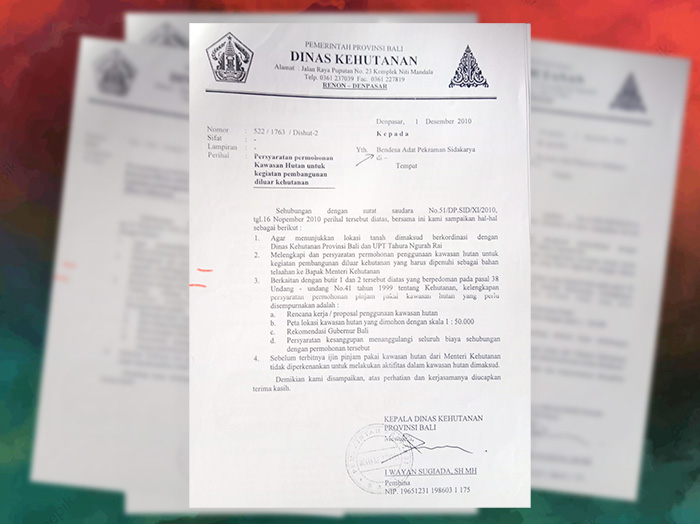 Surat balasan dari Dinas Kehutanan untuk permohonan kawasan hutan Desa Adat Sidakarya untuk kegiatan pembangunan di luar kehutanan.
