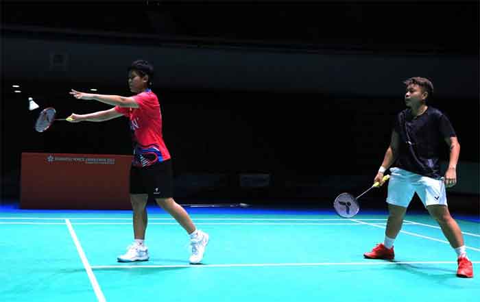 priyani Rahayu dan Siti Fadia Silva Ramadhanti berlatih di Maruzen Intec Arena, Osaka, Jepang, Senin (29/8/2022), jelang kejuaraan Japan Open 2022.