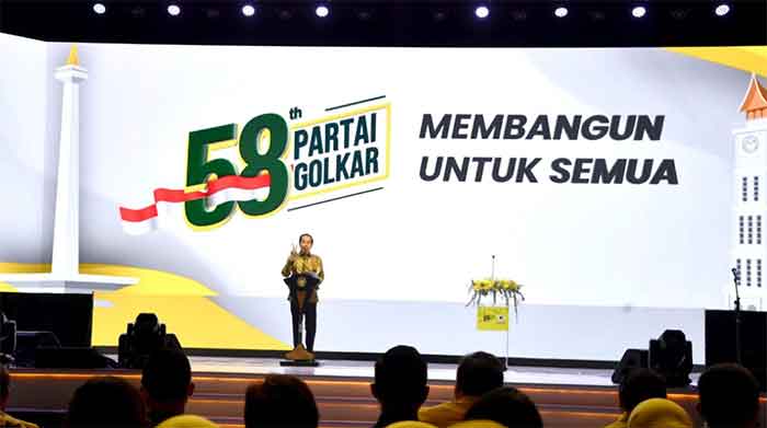 Presiden Joko Widodo menghadiri acara Puncak Peringatan Hari Ulang Tahun (HUT) ke-58 Partai Golkar yang digelar di Jakarta International Expo, Kemayoran, Jakarta, pada Jumat, 21 Oktober 2022.