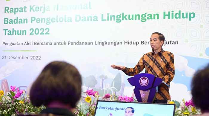 Presiden Jokowi membuka Rapat Kerja Nasional (Rakernas) Badan Pengelola Dana Lingkungan Hidup (BPDLH) Tahun 2022 di Gedung A.A. Maramis, Kementerian Keuangan, Jakarta, pada Rabu, 21 Desember 2022.