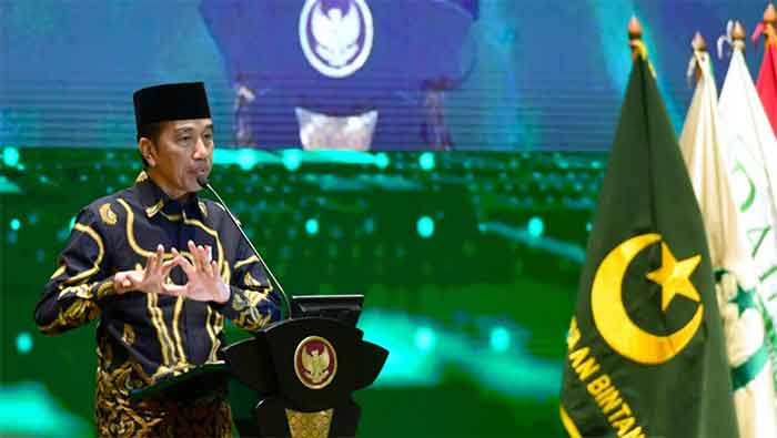 Presiden Jokowi menyampaikan sambutannya pada peresmian Pembukaan Rakornas dan MDP Partai Bulan Bintang Tahun 2023 di eL-Royal Hotel, Kelapa Gading, Jakarta, Rabu, (11/1/2023).