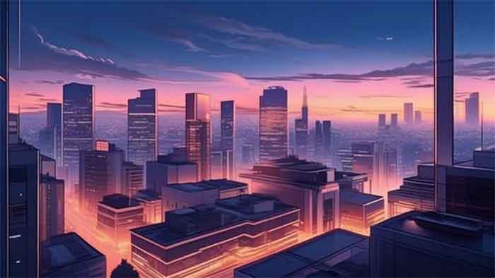 Prompt: Visualisasikan lanskap kota pada senja hari, sebuah dunia yang memadukan arsitektur modern dengan estetika anime yang memikat.