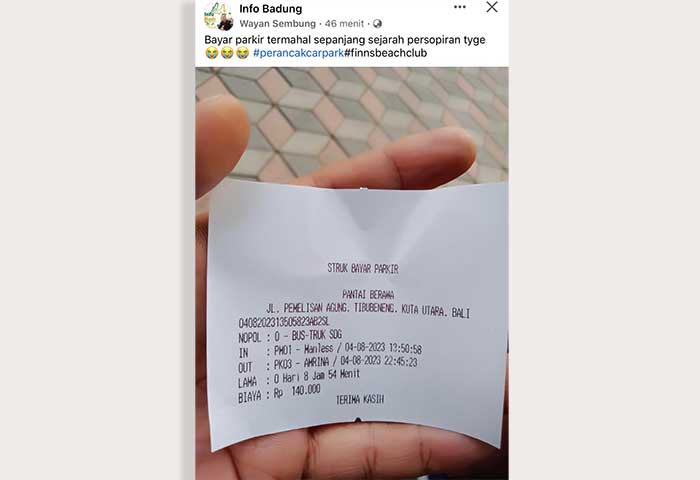 Screenshot karcis pembayaran tiket parkir di Pantai Berawa