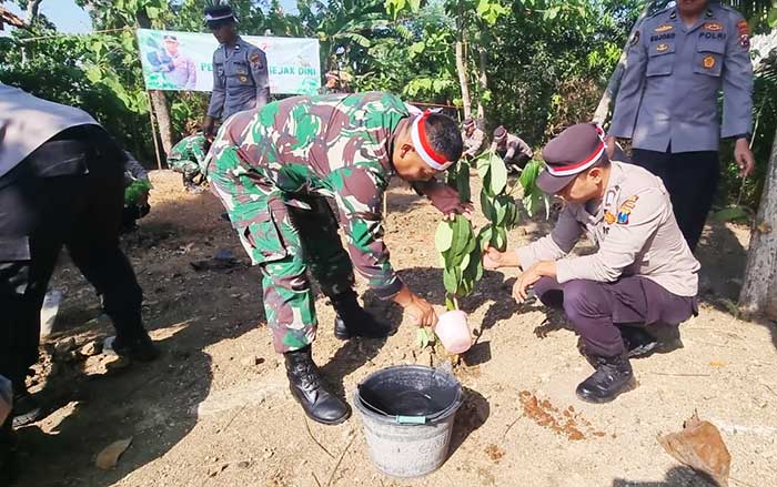 Anggota TNI dan Polri melakukan penanaman pohon di Kabupaten Lamongan, Jawa Timur, (Jumat (18/8/2023). (Foto: Istimewa)