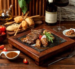 fried meat with crisp and grill salad