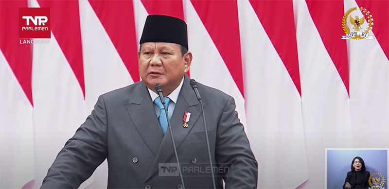 Presiden Prabowo Subianto menyampaikan pidatonya pada sidang tahunan MPR RI, Jumat (15/8/2025). Foto: Screenshoot kanal Youtube DPR RI).