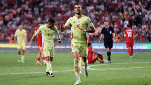 Selebrasi pemain timnas Spanyol usai mencetak gol ke gawang Turki dalam laga kualifikasi Piala Dunia 2026. La Roja menang telak 6-0