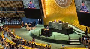 Presiden Republik Indonesia, Prabowo Subianto menyampaikan pidato Konferensi Internasional Tingkat Tinggi untuk Penyelesaian Damai atas Masalah Palestina dan Implementasi Solusi Dua Negara yang digelar di Gedung Majelis Umum Perserikatan Bangsa-Bangsa (PBB), New York, Amerika Serikat, pada Senin, 22 September 2025.
