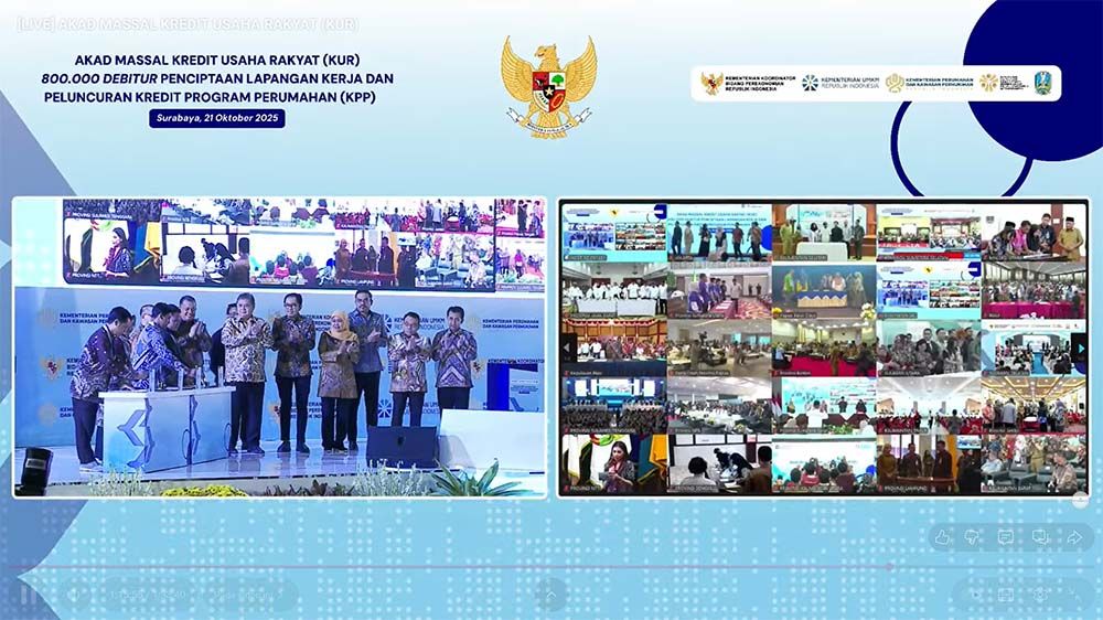 Menteri Koordinator Bidang Perekonomian Airlangga Hartarto bersama jajaran kementerian terkait membuka secara resmi Akad Massal Kredit Usaha Rakyat (KUR) yang melibatkan 800 ribu debitur di seluruh Indonesia. Acara digelar serentak di 38 provinsi dan dipusatkan di Surabaya, Selasa (21/10/2025).