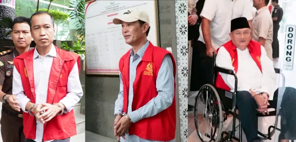 Para tersangka kasus dugaan korupsi Pasar Cinde Palembang saat diserahkan ke Kejaksaan Negeri Palembang, Kamis (2/10/2025).