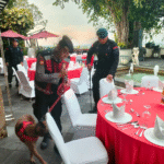 Personel Polda Bali bersama anjing pelacak K-9 melakukan sterilisasi area Dinner di Jendela Bali Resto, Garuda Wisnu Kencana (GWK), Badung, menjelang pelaksanaan Gala Dinner Forum Kerja Sama Polisi se-Asia (MACM), Selasa (28/10/2025)