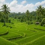 Hamparan sawah bertingkat di Bali dengan pemandangan hijau yang terbentang luas dan pepohonan tropis di sekelilingnya.