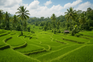 Hamparan sawah bertingkat di Bali dengan pemandangan hijau yang terbentang luas dan pepohonan tropis di sekelilingnya.