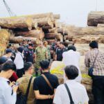 Para pejabat Kementerian Kehutanan, Kejaksaan, dan Satgas Garuda PKH meninjau tumpukan kayu hasil sitaan dalam kasus illegal logging di Kepulauan Mentawai, Sumatera Barat.