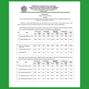 Pengumuman hasil penilaian akhir seleksi terbuka Jabatan Pimpinan Tinggi Pratama Kabupaten Klungkung Tahun 2025 yang dirilis Panitia Seleksi melalui BKPSDM Kabupaten Klungkung. (Sumber: BKPSDM Kabupaten Klungkung)