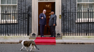Perdana Menteri (PM) Inggris Keir Starmer mengenalkan Larry the Cat, Chief Mouser to the Cabinet Office sejak 2011 kepada Presiden Prabowo Subianto saat melakukan pertemuan di Kantor PM Inggris, Downing Street, London, pada Selasa, 20 Januari 2026.