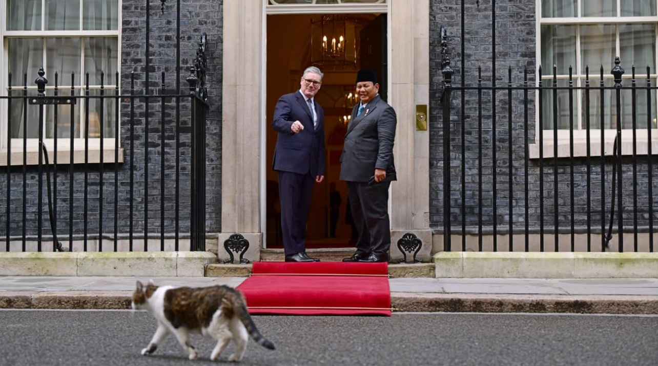 Perdana Menteri (PM) Inggris Keir Starmer mengenalkan Larry the Cat, Chief Mouser to the Cabinet Office sejak 2011 kepada Presiden Prabowo Subianto saat melakukan pertemuan di Kantor PM Inggris, Downing Street, London, pada Selasa, 20 Januari 2026.