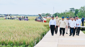 Presiden Prabowo Subianto melakukan peninjauan berbagai inovasi hilirisasi dan teknologi pertanian modern dalam rangkaian kegiatan Panen Raya di Desa Kertamukti, Kabupaten Karawang, Provinsi Jawa Barat, pada Rabu, 7 Januari 2026.