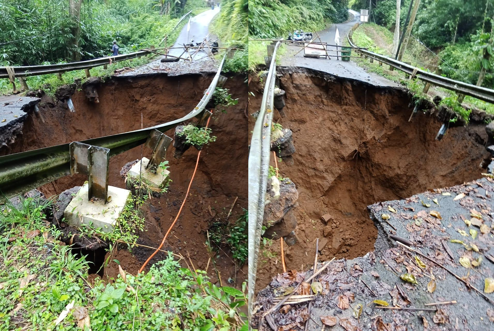 Kondisi jalan penghubung Banjar Juuk Bali–Penatahan, Desa Susut, Bangli, amblas akibat longsor setelah diguyur hujan deras.
