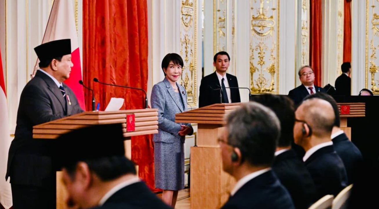 Presiden Republik Indonesia Prabowo Subianto dan Perdana Menteri (PM) Jepang Sanae Takaichi melakukan pernyataan pers bersama usai pertemuan bilateral yang digelar di Istana Akasaka, Tokyo, pada Selasa, 31 Maret 2026.
