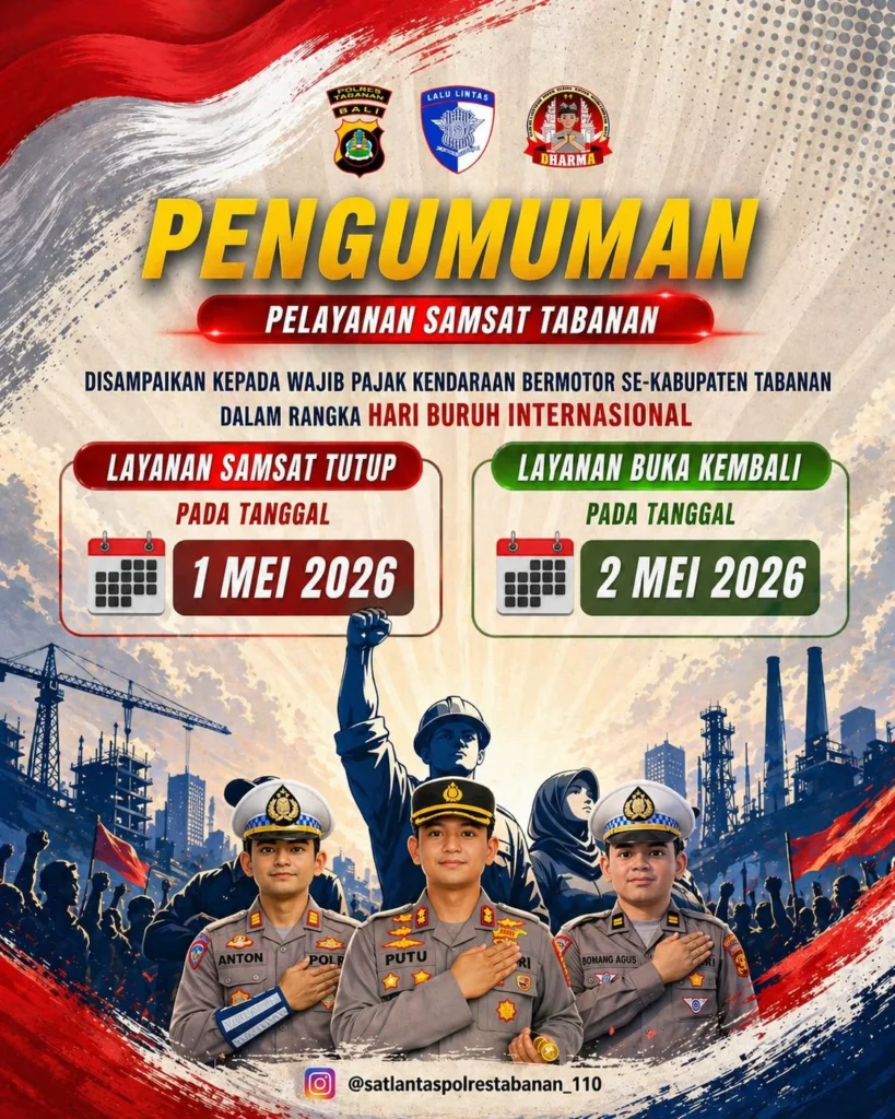 Hari Buruh, Pelayanan Sim dan Samsat di Tabanan Tutup, Buka Kembali 2 Mei 2026