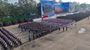 Suasana Upacara Peringatan ke-80 Hari Bhayangkara Tahun 2026 yang digelar di Lapangan Satuan Latihan Korbrimob, Cikeas, Kabupaten Bogor, Rabu, 1 Juli 2026.